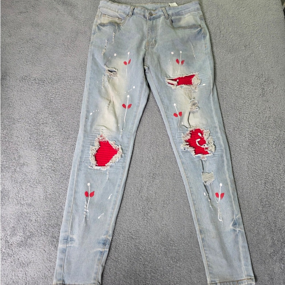 Manfinity Mens Small Jeans Light Blue Distressed Red Patch Paint Splatter Slim